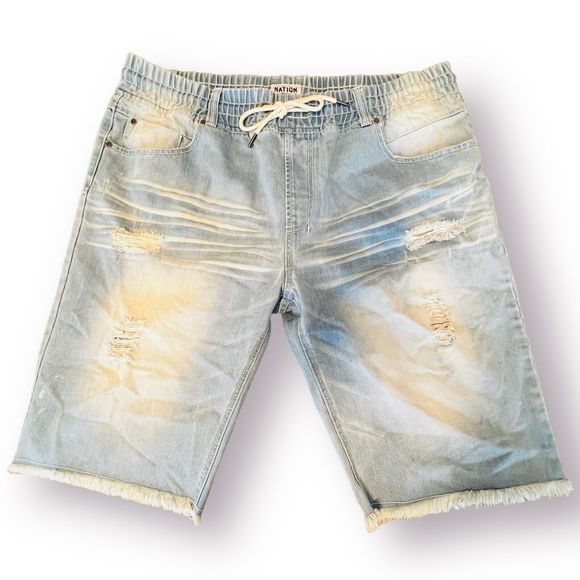 Parish Blue Bleached Wash Frayed Edge Baggy Denim Shorts Size 4X Elastic Waist - Picture 1 of 9